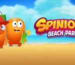 Spinions op het strand met het logo van de gokkast Spinions Beach Party