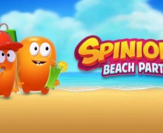 Spinions op het strand met het logo van de gokkast Spinions Beach Party