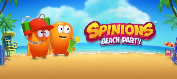 Spinions op het strand met het logo van de gokkast Spinions Beach Party