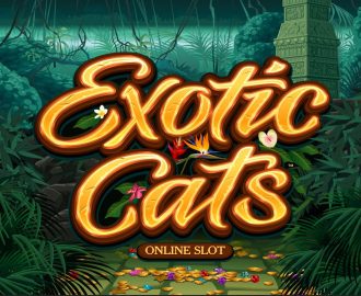 Microgaming gokkast: Exotic Cats logo in gouden letters met jungle achtergrond