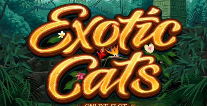 Microgaming gokkast: Exotic Cats logo in gouden letters met jungle achtergrond